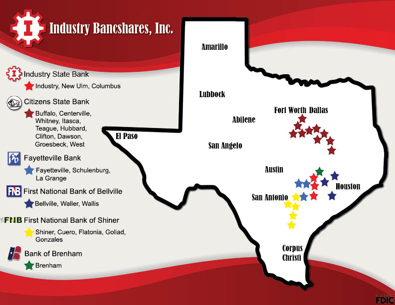 map of Texas showing with Industry Bancshares companies indicated